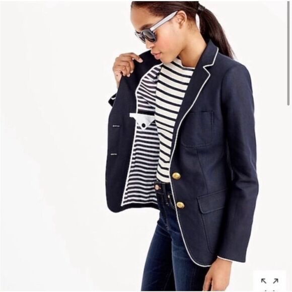 J. Crew Rhodes Navy Blue Blazer 100% Linen Nautical Crest Gold Buttons Size 00 - Picture 2 of 12